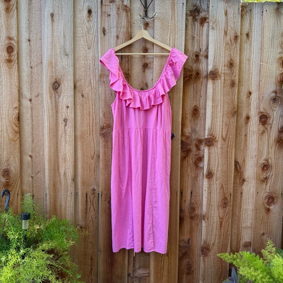 🌿 Hot Pink Off-The-Shoulder Ruffle Linen Midi Dress 🌿🌿 - Picture 6 of 10
